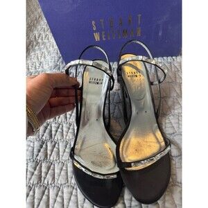Stuart Weitzman Black Satin Crystal-Trim Slingback Heels Size 8